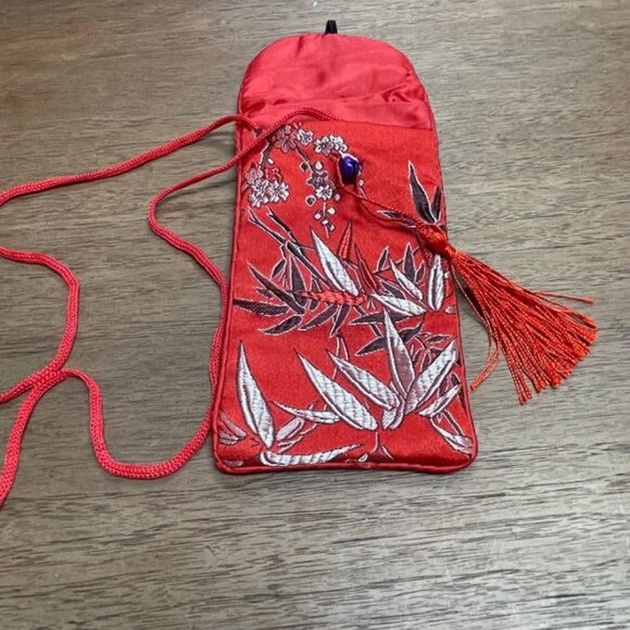 Oriental Design Eyeglasses Necklace/Case - Red w/Tassel & Purple Hook Bell - GUC - Picture 1 of 5